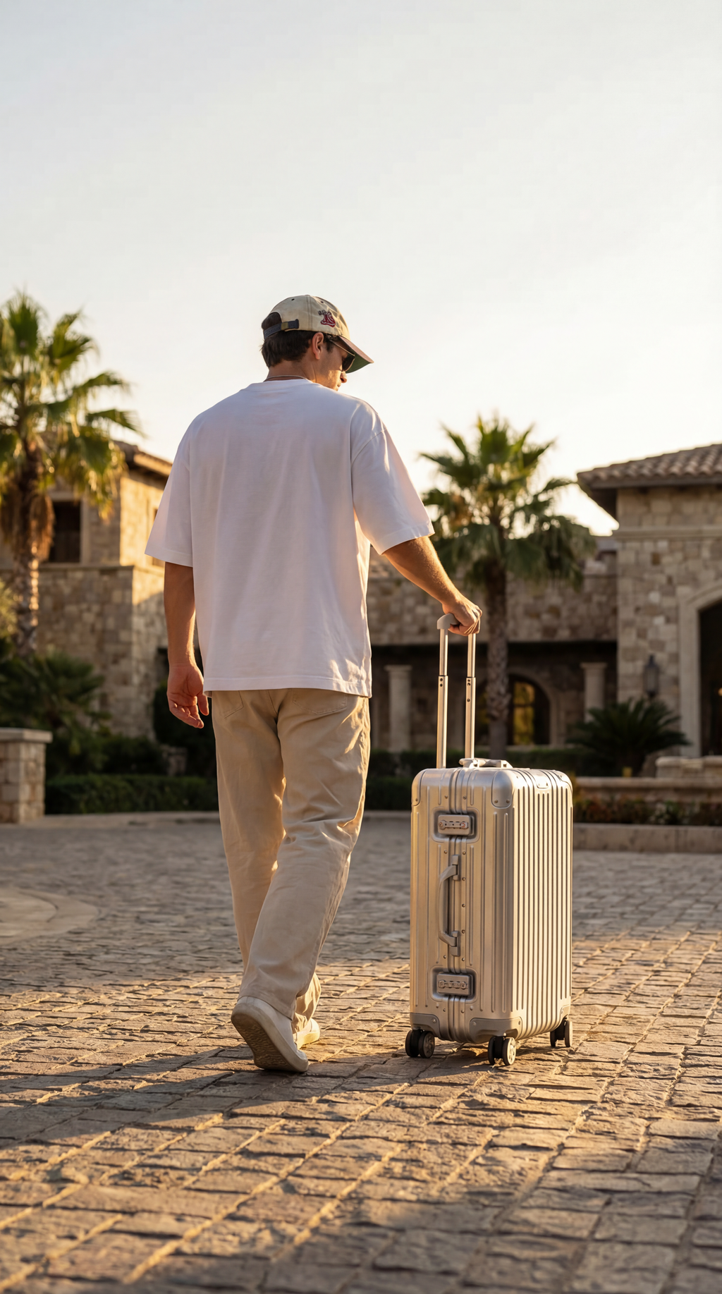 Man walking with a suitcase on a cobblestone path in a sunlit outdoor setting