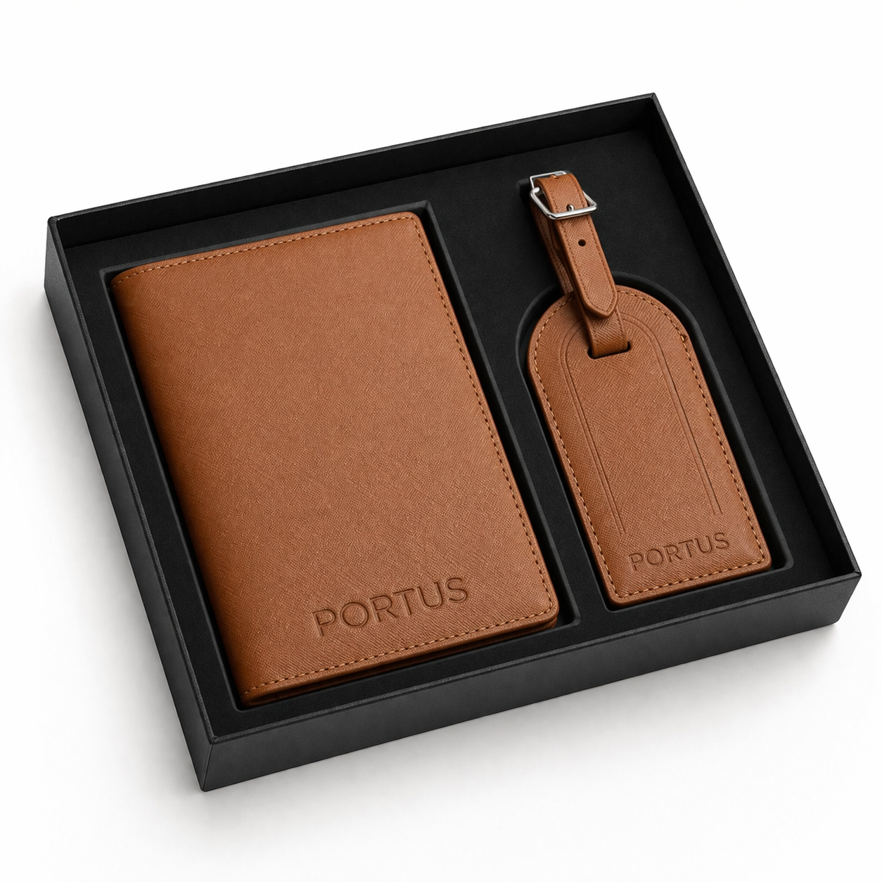 Brown leather passport holder and luggage tag set with 'PORTUS' branding in a black box.
